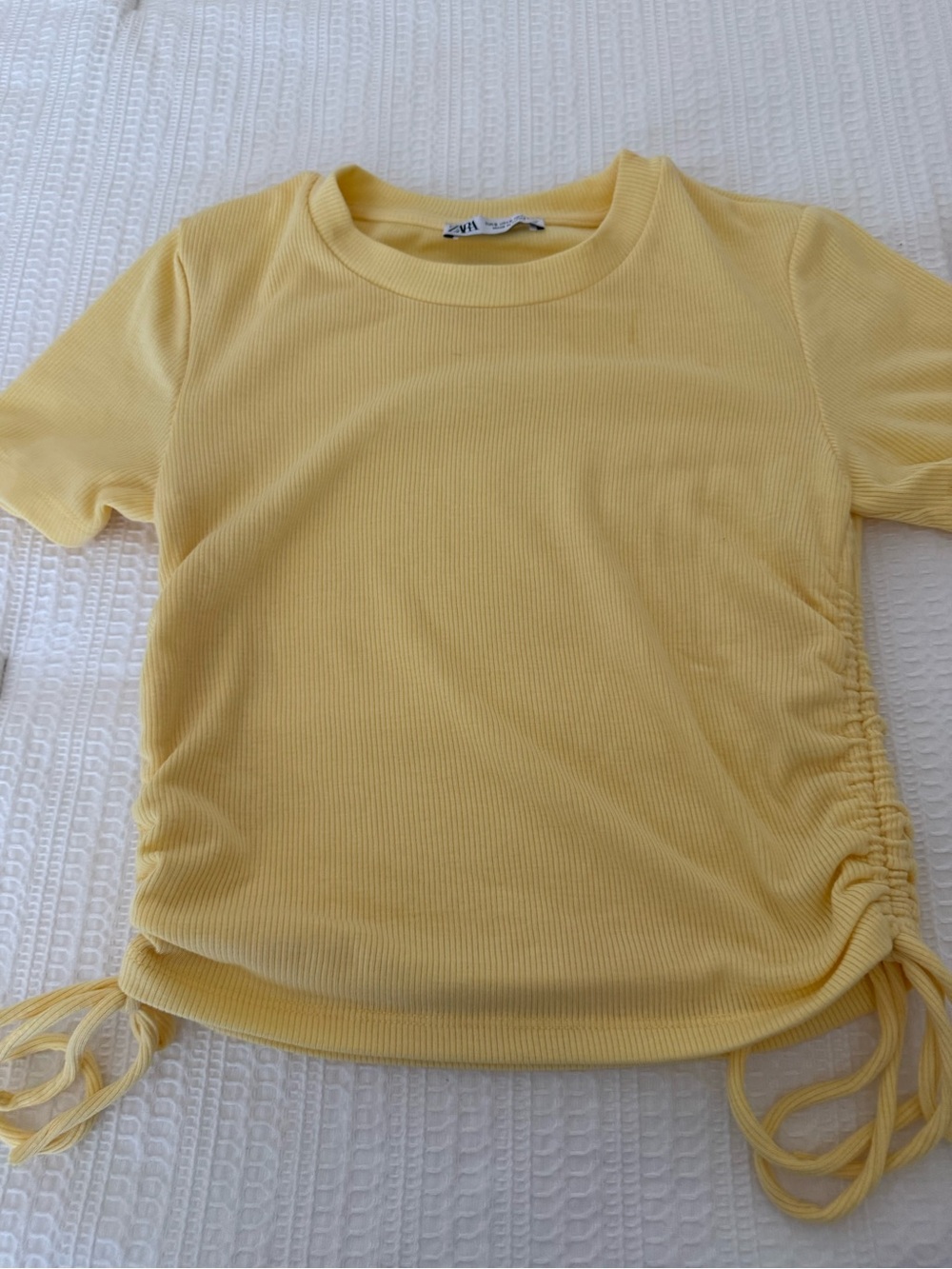 Zara Light Yellow Ribbed Short Sleeve Tee with Side Ruched Drawstrings